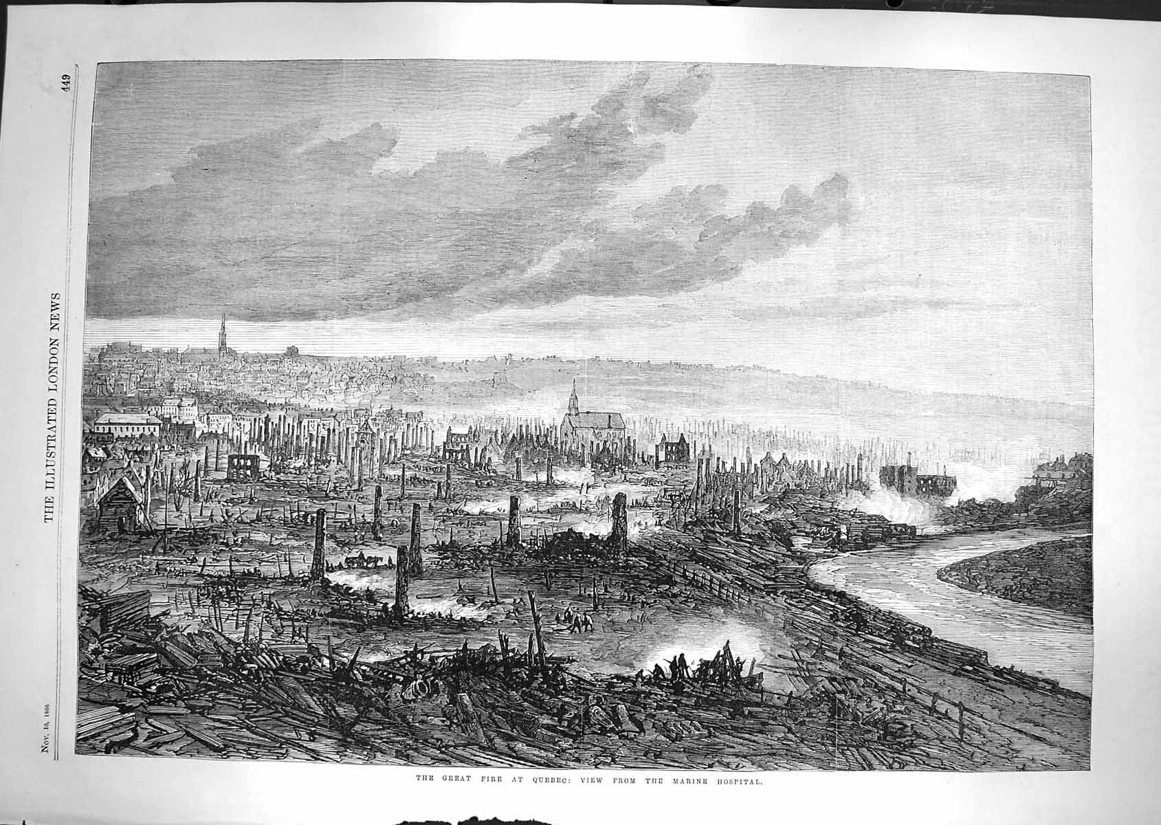 Old Antique Print 1866 Great Fire Quebec Marine Hospital Canada Fine Art 19th