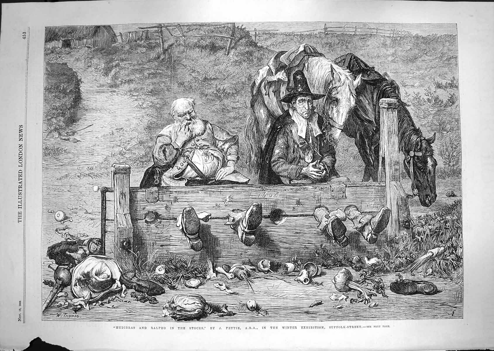 Original Old Antique Print 1866 Hudibras Ralpho Stocks Horse Pettie Victorian