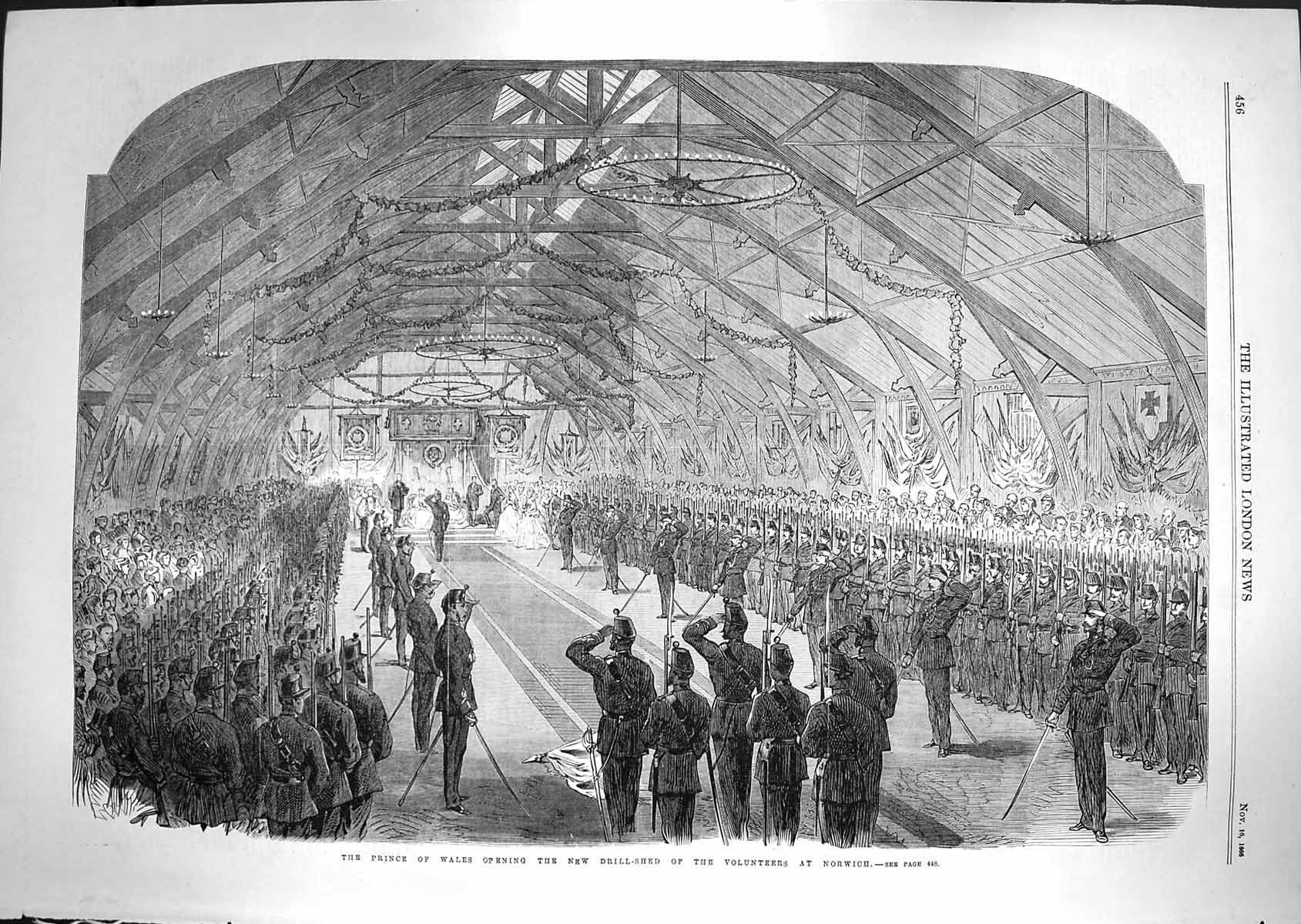 Original Old Antique Print 1866 Prince Wales Drill Shed Volunteers Army Norwich