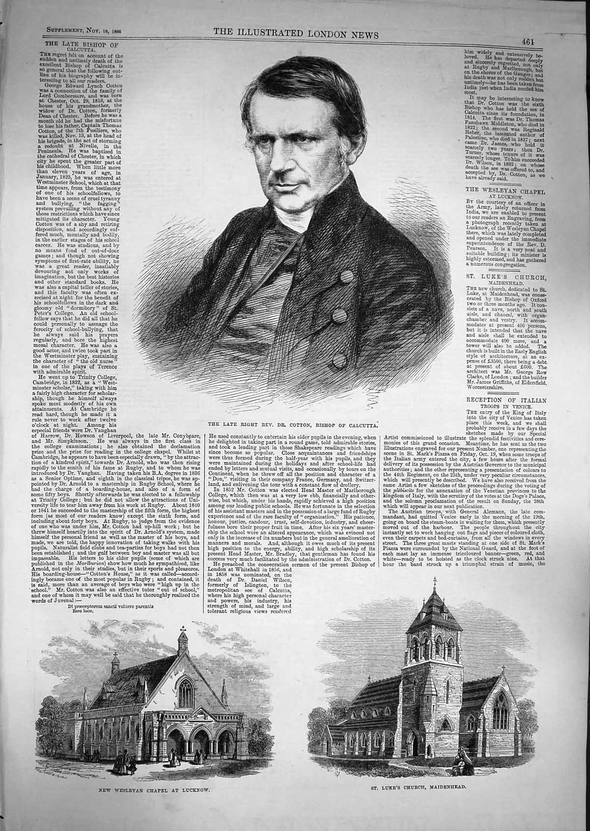 Original Old Antique Print 1866 Dr. Cotton Calcutta Church Lucknow Map Quebec