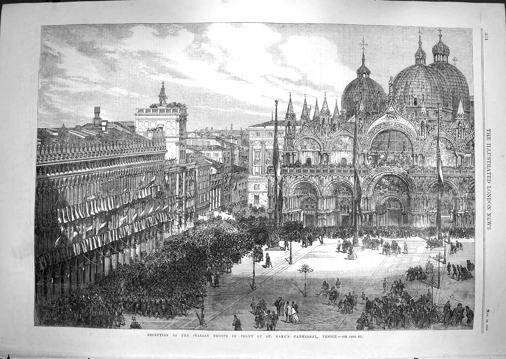Original Old Antique Print 1866 Reception Italy Troops Mark'S Cathedral Venice