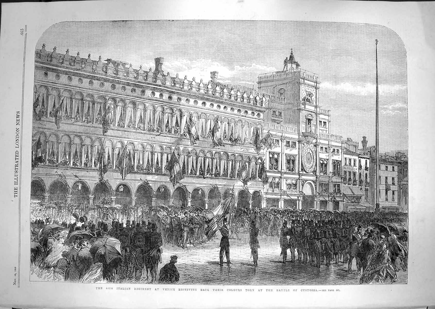 Original Old Antique Print 1866 Italian Regiment Venice Colour Battle Custozza