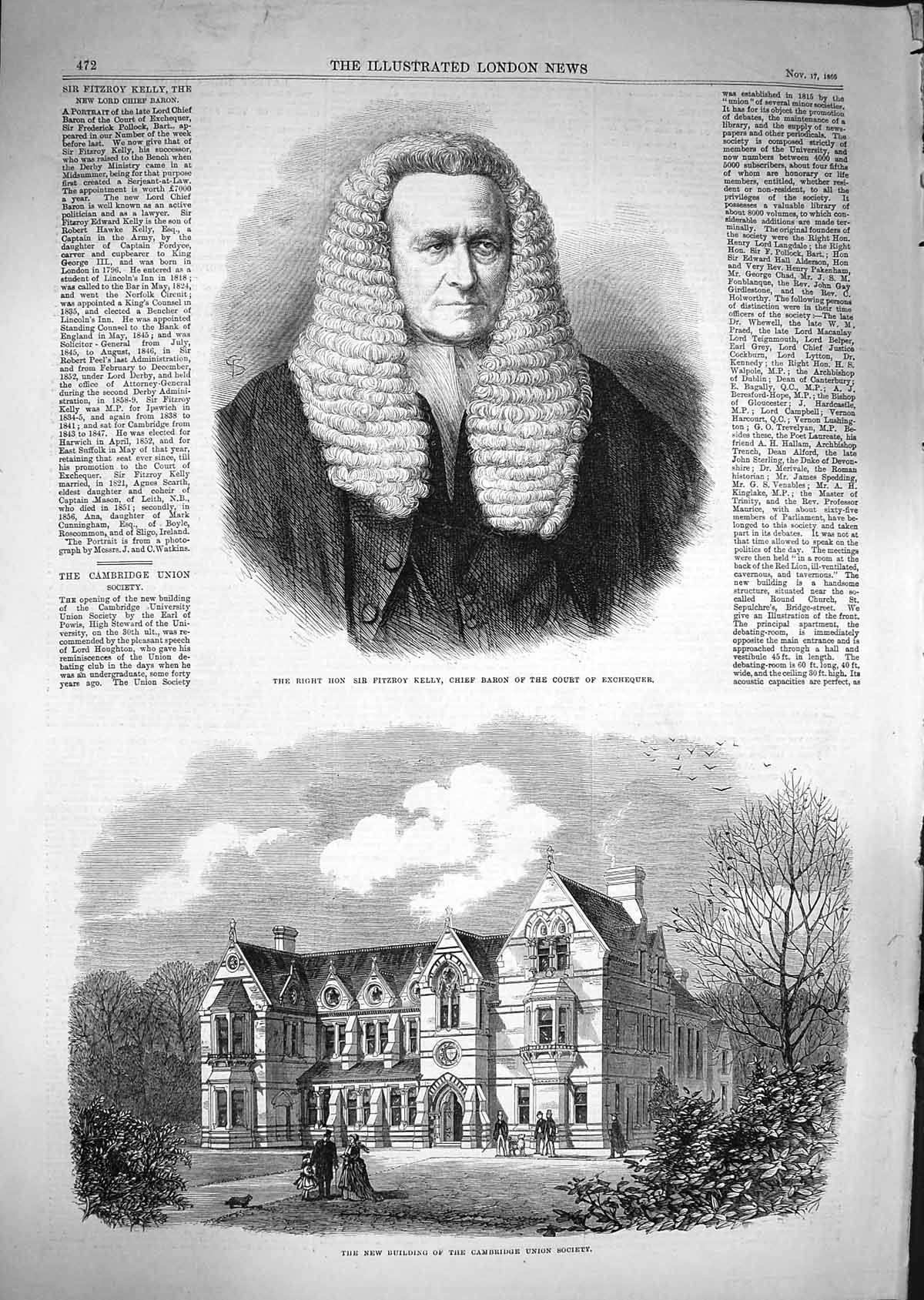 Original Old Antique Print 1866 Fitzroy Kelly Court Exchequer Cambridg Victorian
