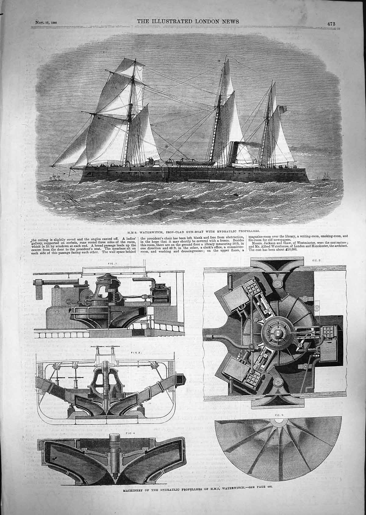 Original Old Antique Print 1866 Ship H.M.S Waterwitch Machinery Pro Victorian