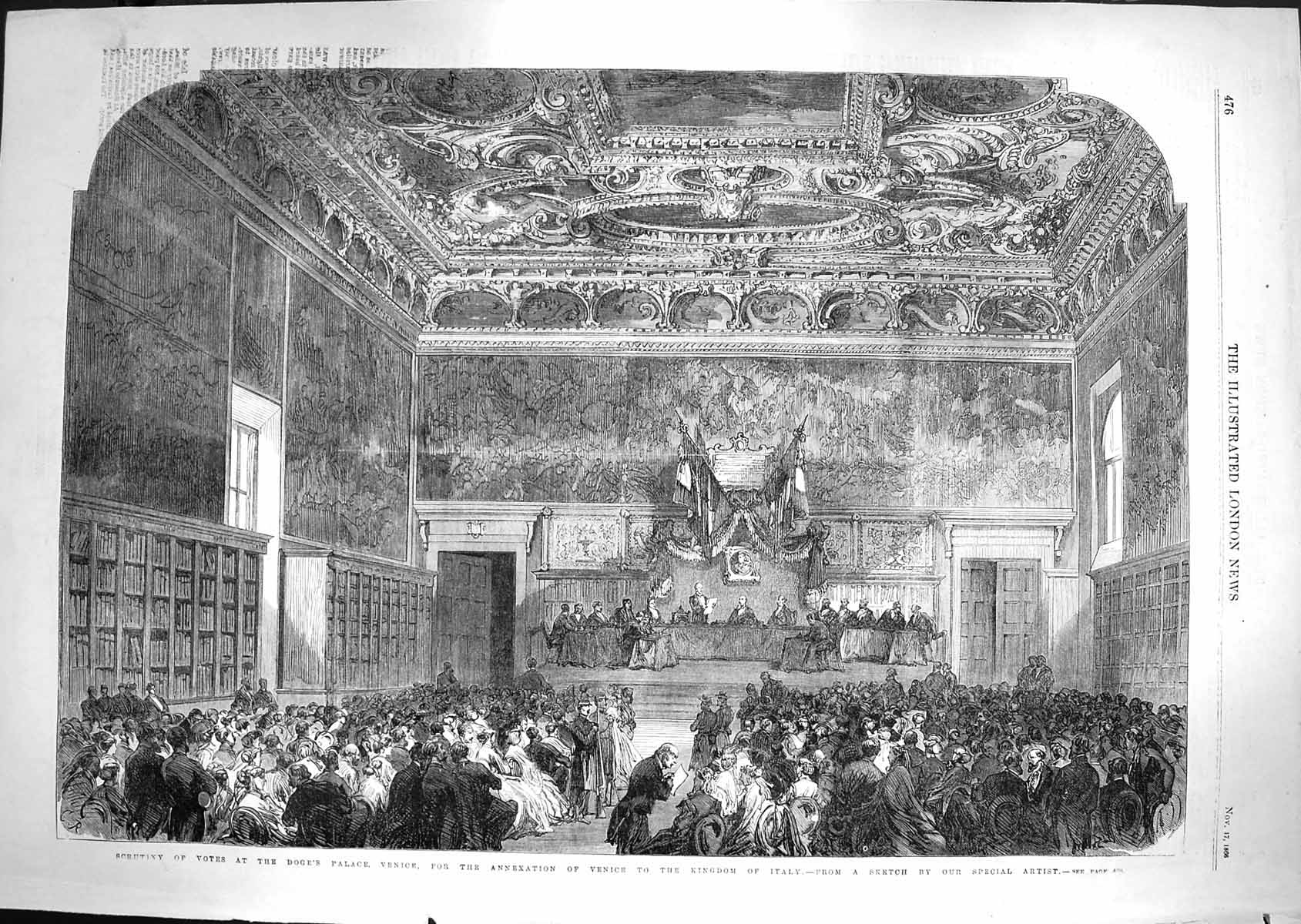 Old Antique Print 1866 Scrutiny Votes Doge'S Palace Venice Kingdom Italy 19th