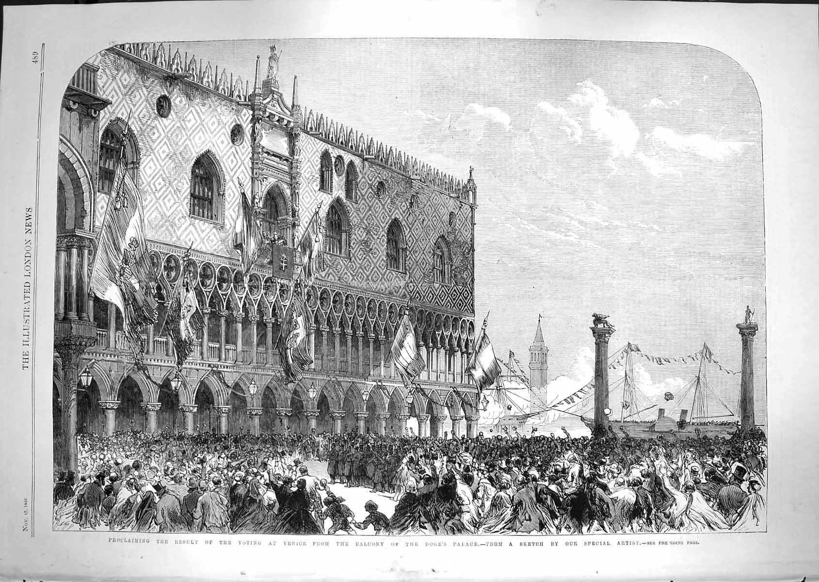 Original Old Antique Print 1866 Doge'S Palace Venice Balcony Proclaiming Voting