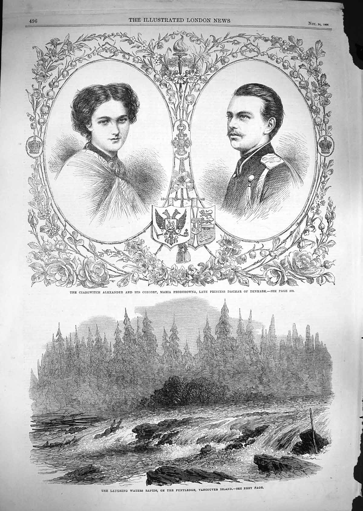 Old Antique Print 1866 Czarewitch Alexander Maria Dagmar Vancouver River 19th