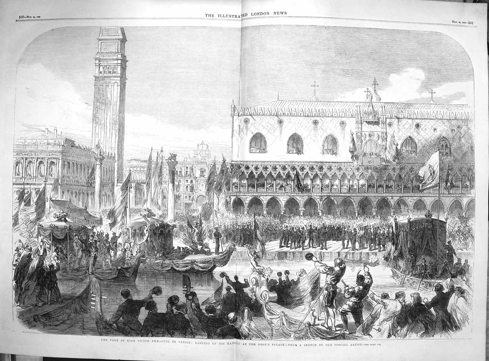 Original Old Antique Print 1866 Damaged King Emmanuel Venice Doge'S Palace