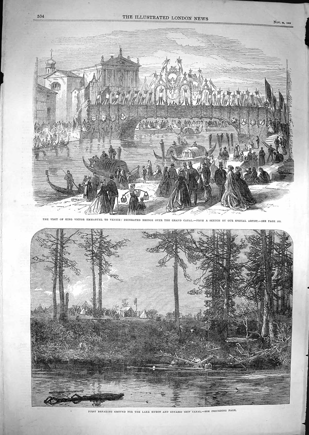 Original Old Antique Print 1866 King Victor Emmanuel Venice Lake Huron Ontario