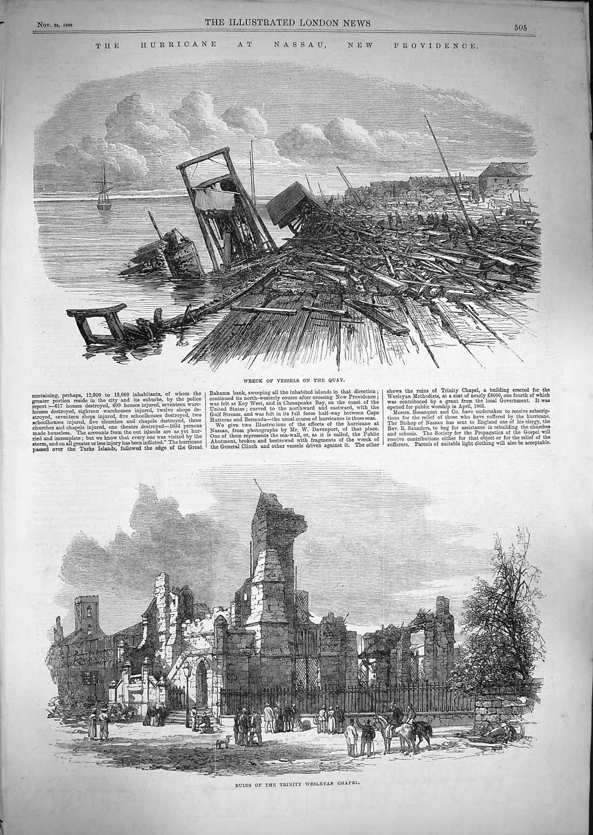 Original Old Antique Print 1866 Hurricane Nassau Ship Trinity Wesleyan Chapel