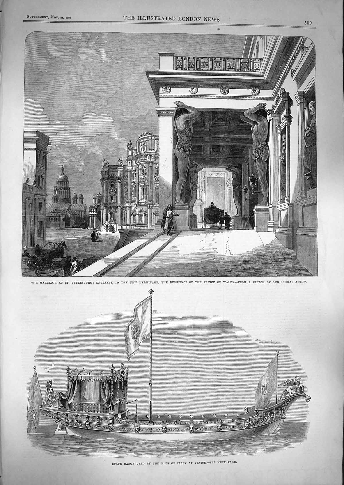 Old Antique Print 1866 State Barge King Italy Venice Petersburg Hermitage 19th