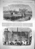 Original Old Antique Print 1866 Floods Lancashire Crescent Salford Adelphi Silk