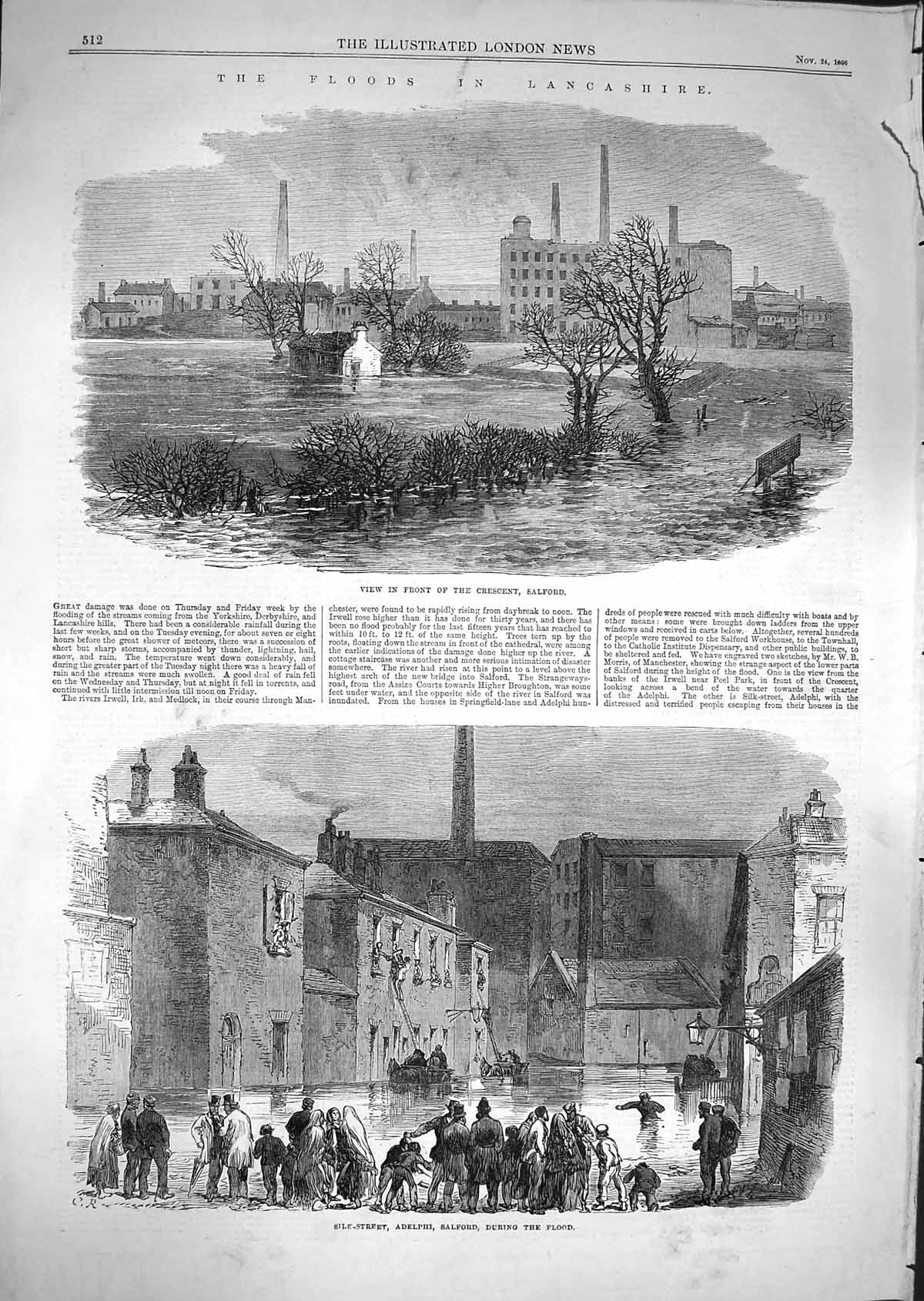 Original Old Antique Print 1866 Floods Lancashire Crescent Salford Adelphi Silk