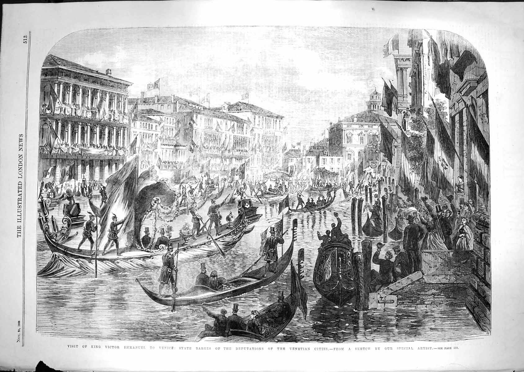 Original Old Antique Print 1866 King Victor Emmanuel Venice State Barge Canal