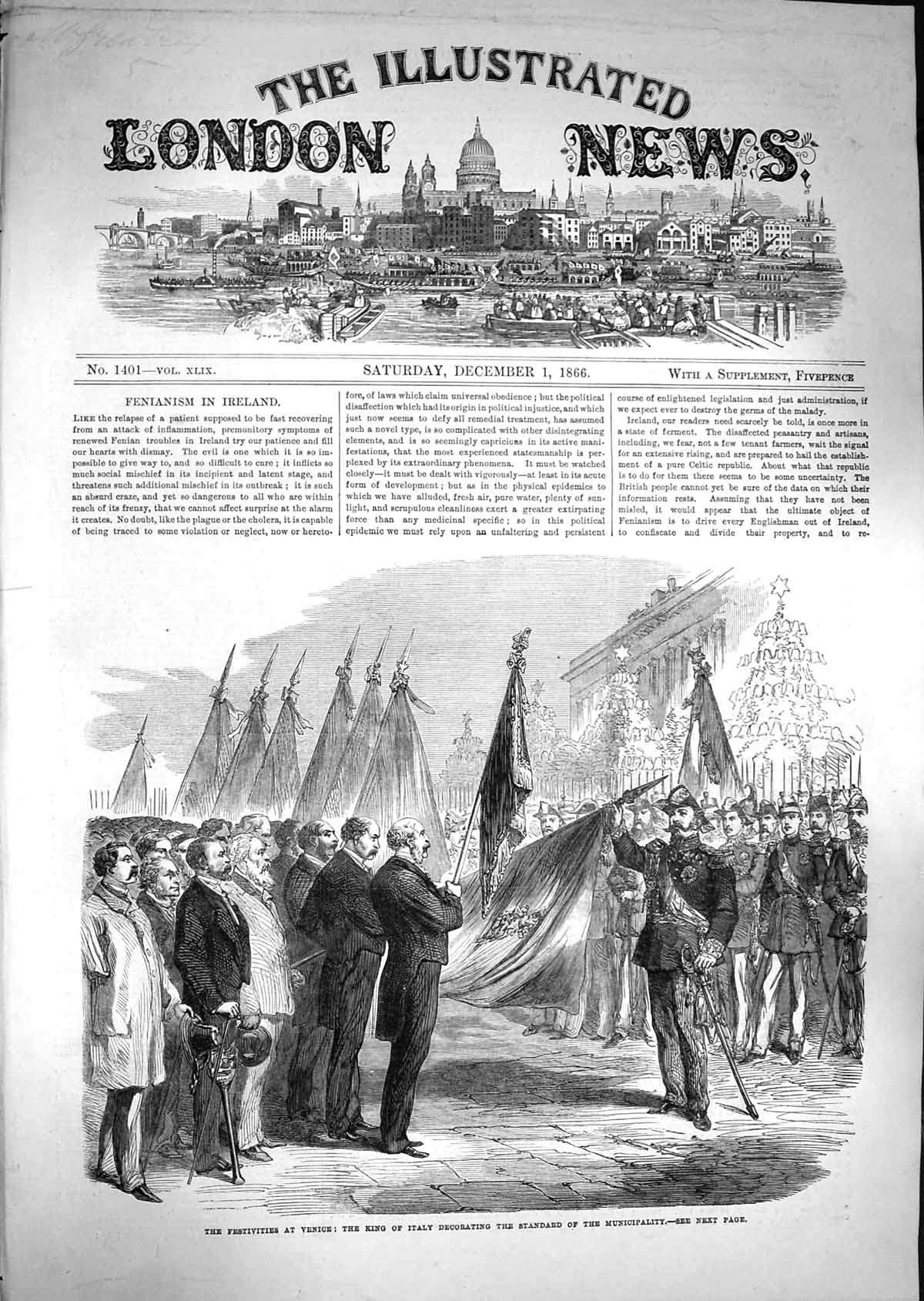 Old Antique Print 1866 Venice King Italy Decorating Standard Municipality 19th