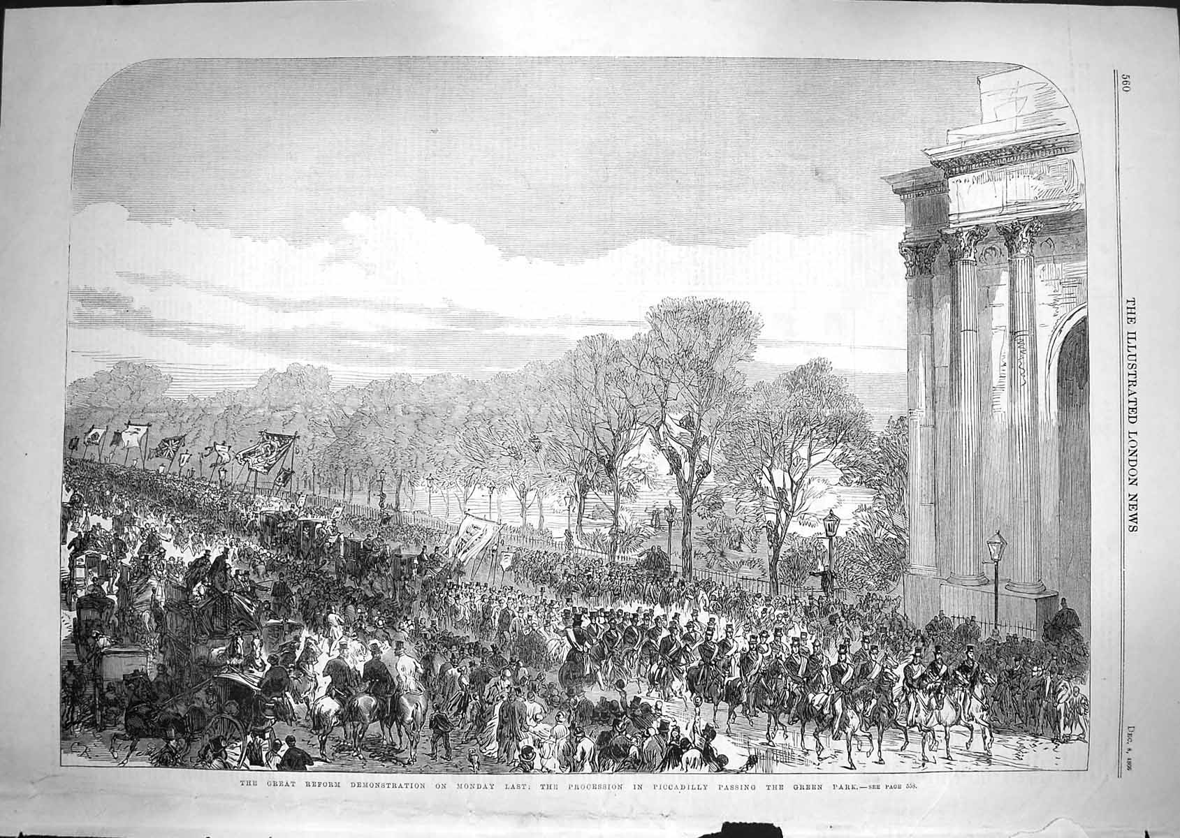 Original Old Antique Print 1866 Reform Demonstration Piccadilly Wolverhampton