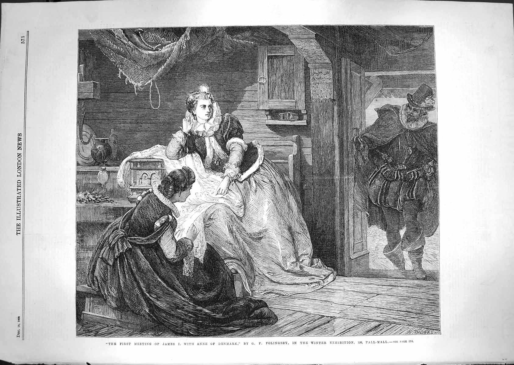 Original Old Antique Print 1866 Scene Meeting King James Anne Denmark Folingsby