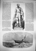 Old Antique Print 1866 Statue Lord Seaton Devonport Ship Wreck Oradd Rye 19th