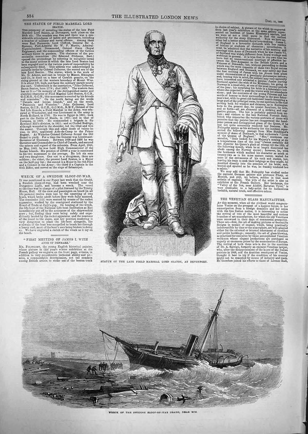 Old Antique Print 1866 Statue Lord Seaton Devonport Ship Wreck Oradd Rye 19th
