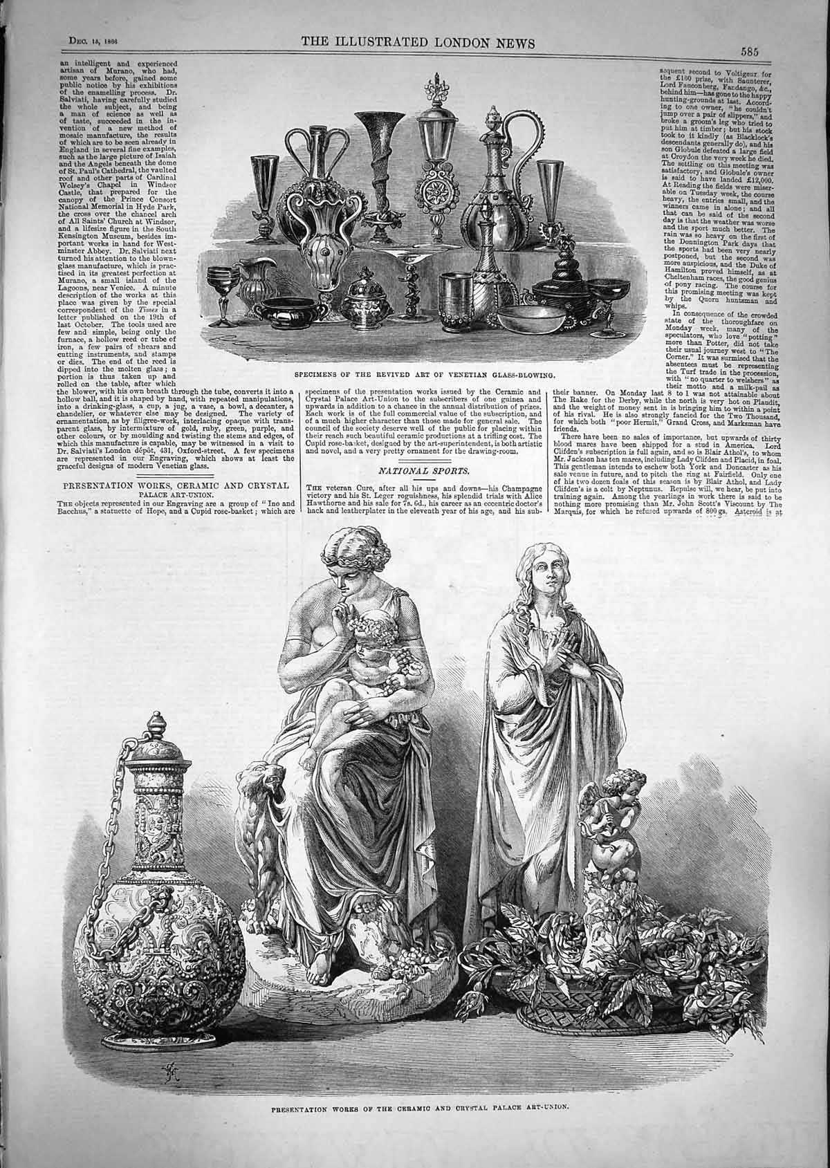 Old Antique Print 1866 Ceramic Crystal Palace Art Venetian Glass Blowing 19th