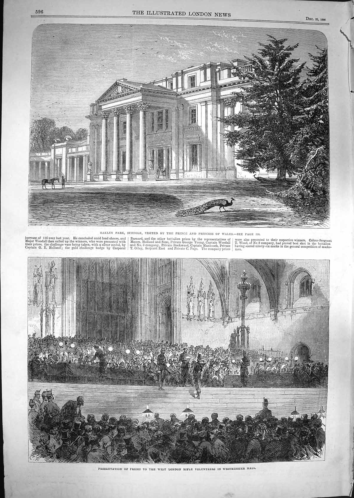 Old Antique Print 1866 Oakley Park Suffolk London Rifle Volunteers Prizes 19th