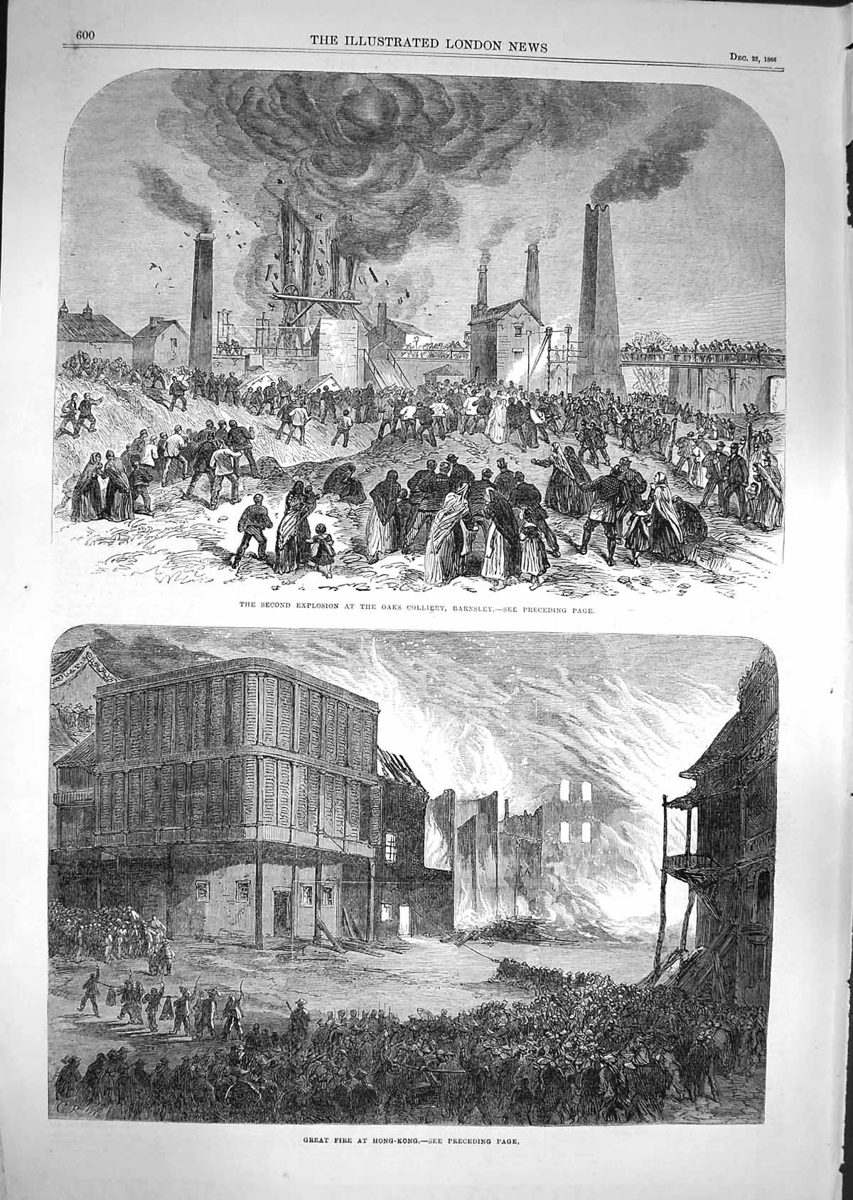 Original Old Antique Print 1866 Explosion Oaks Colliery Barnsley Fire Ho 19th