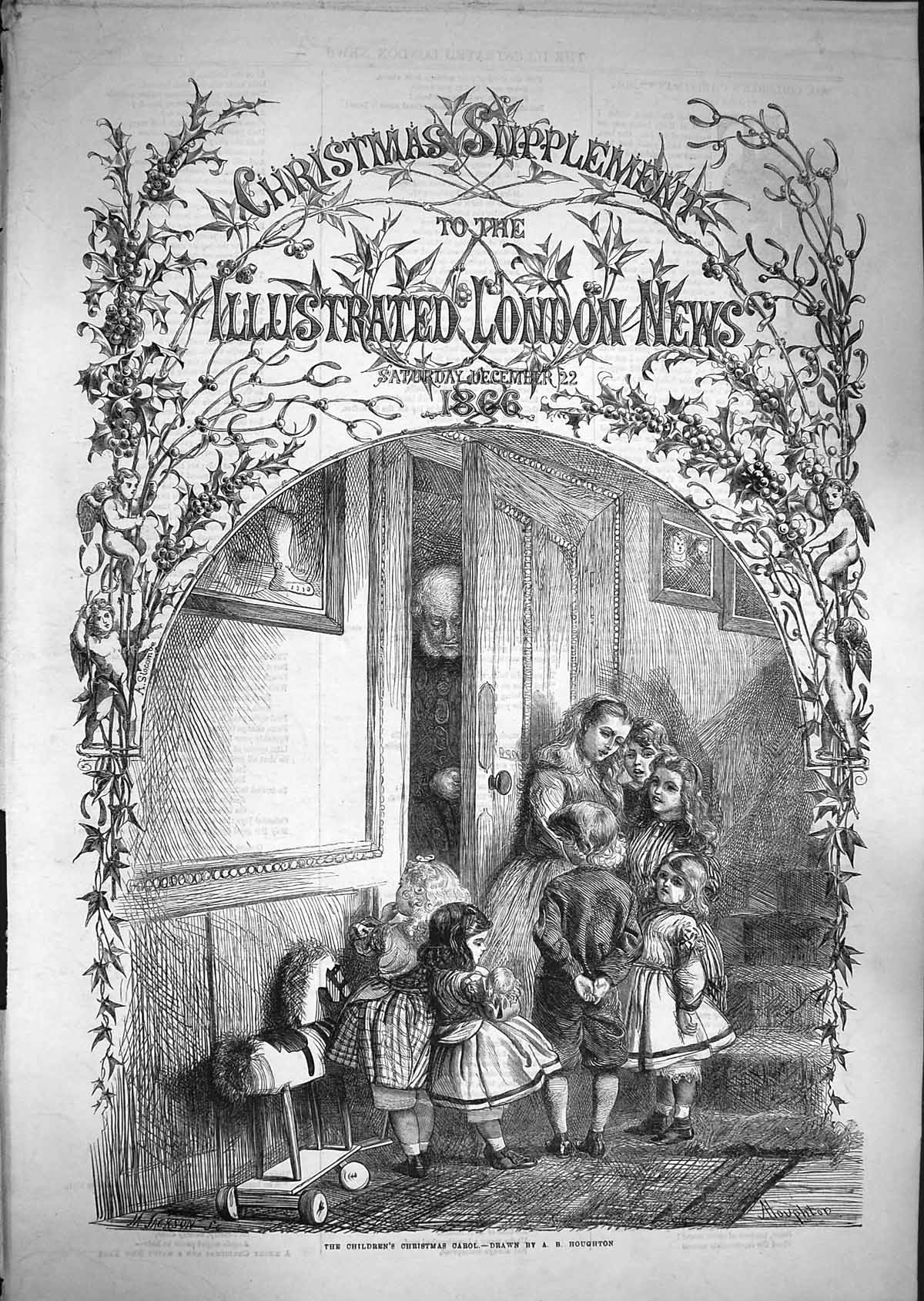 Original Old Antique Print 1866 Children Christmas Carol Song Family Home Scene