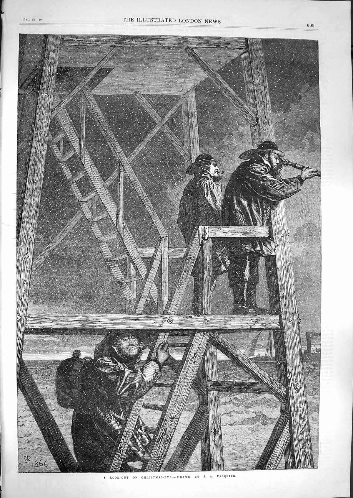 Old Antique Print 1866 Look-Out Christmas Eve Telescope Pasquier Fine Art 19th