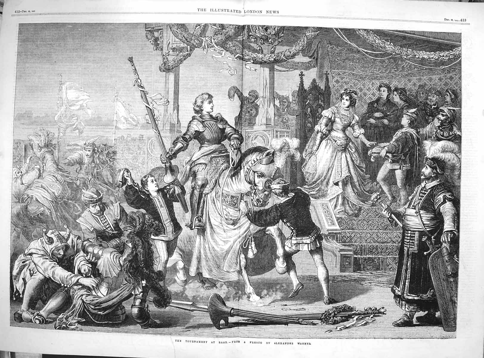 Original Old Antique Print 1866 Tournament Raab Knight Horses Alexander Wagner