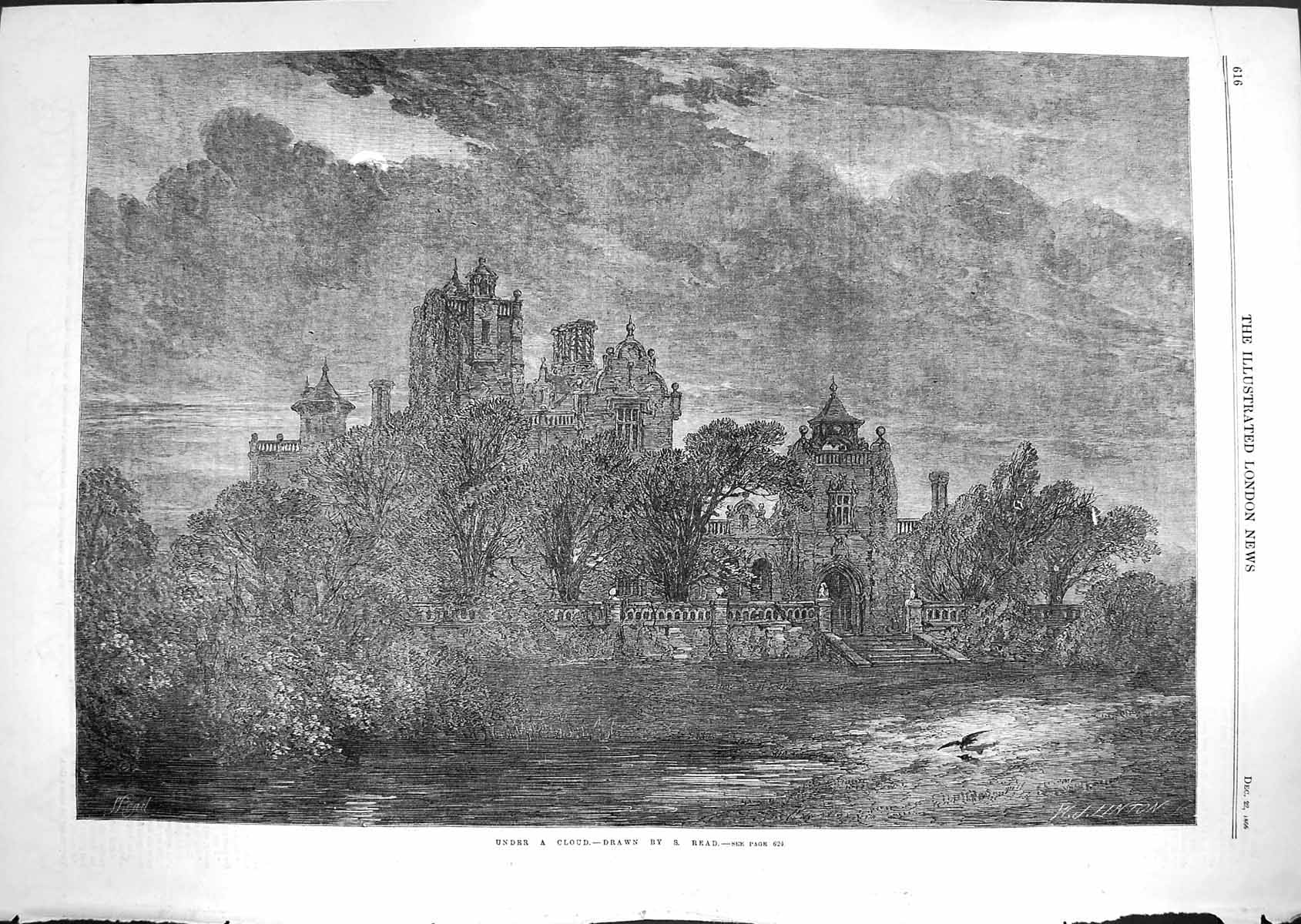 Original Old Antique Print 1866 Castle Architecture Moonlight Scene Fine Art