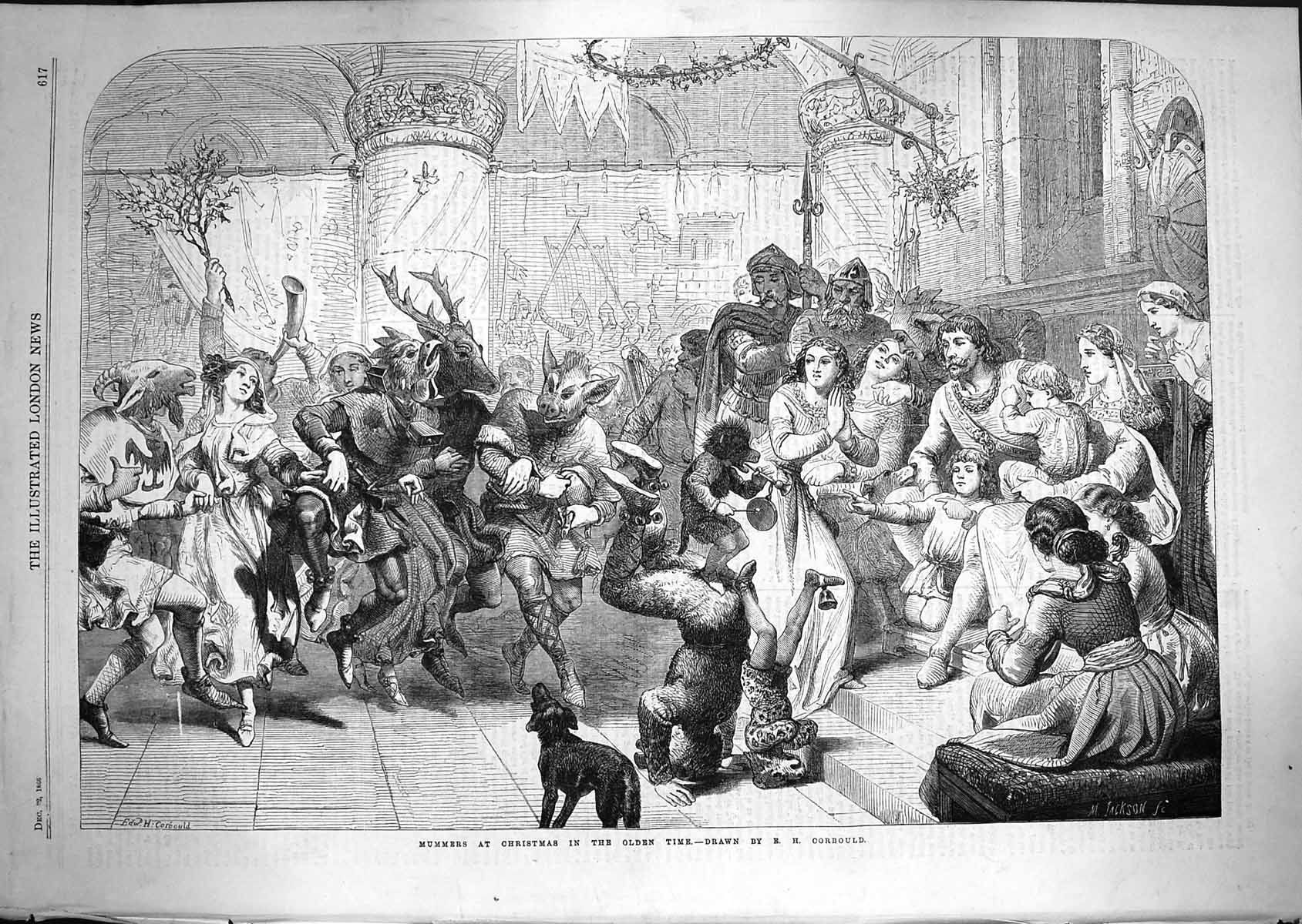 Original Old Antique Print 1866 Mummers Christmas en Time Characters Costumes
