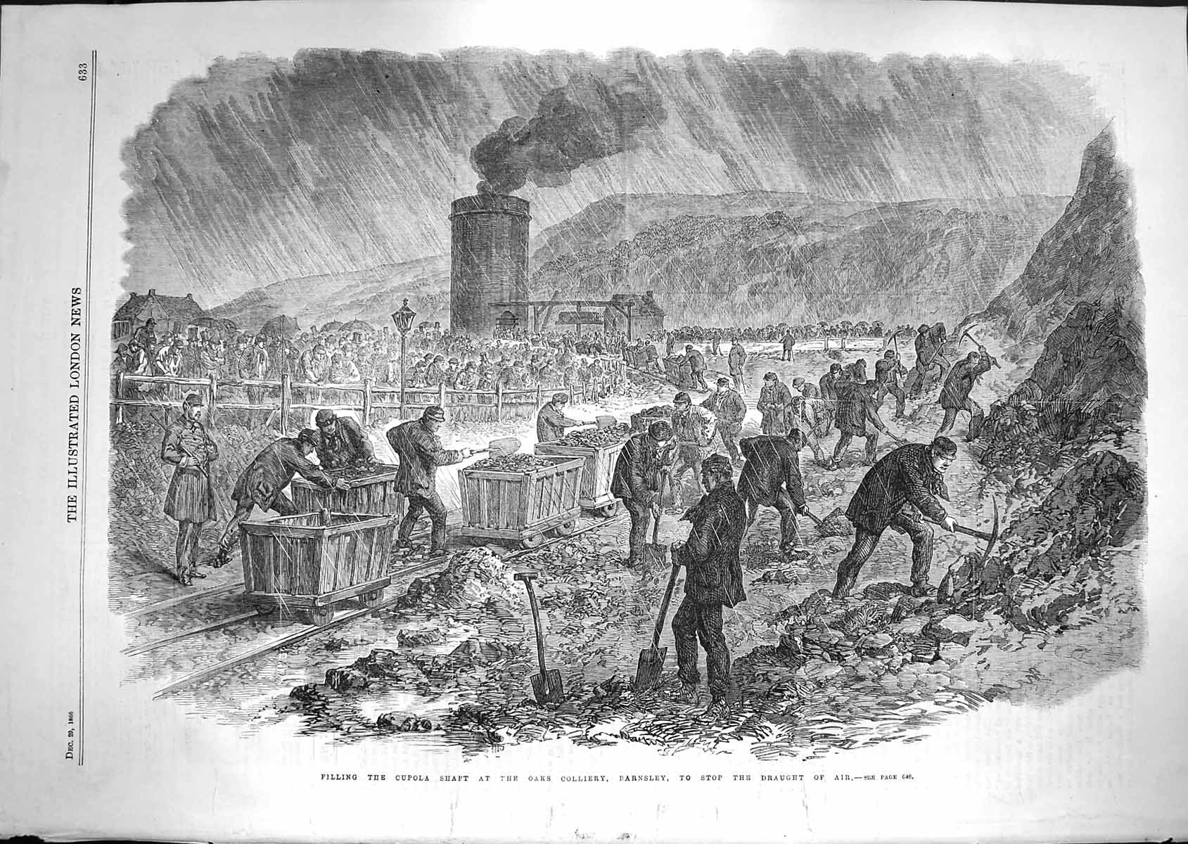Original Old Antique Print 1866 Cupola Shaft Oaks Colliery Barnsley Mining 19th