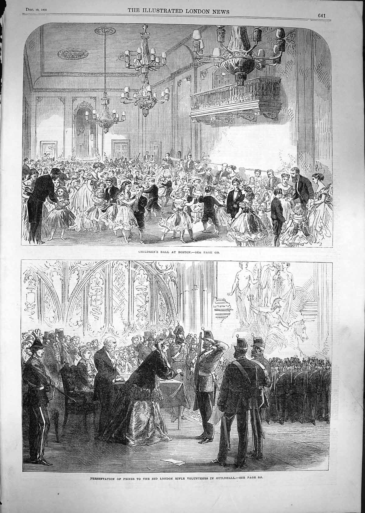 Original Old Antique Print 1866 Children'S Ball Boston London Rifle Volunteers