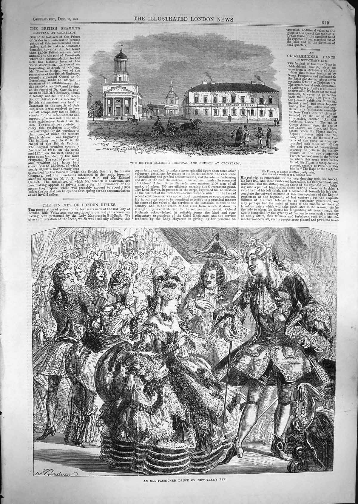 Old Antique Print 1866 British Seaman Hospital Church Cronstadt New Year 19th