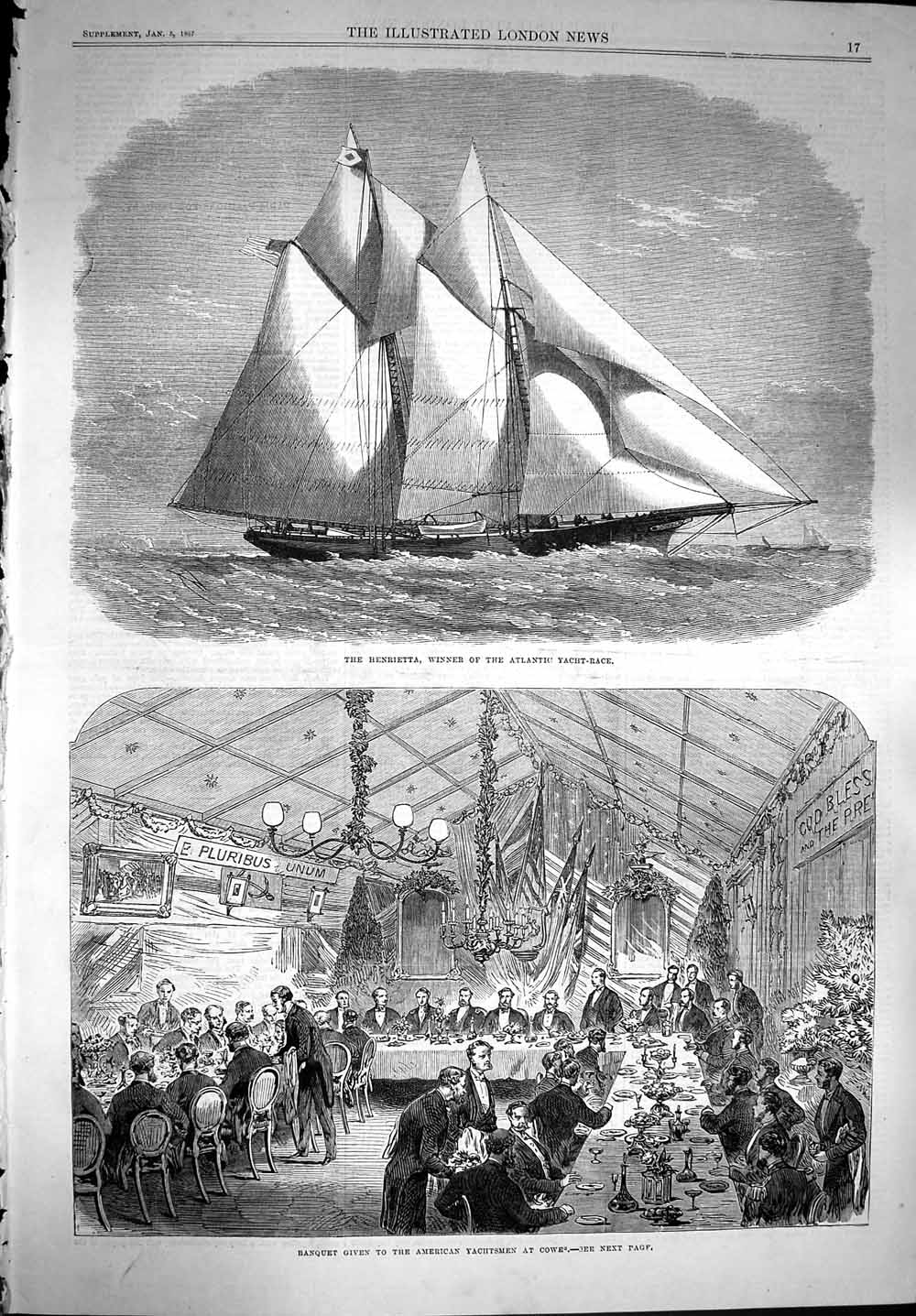 Old Antique Print 1867 Henrietta Atlantic Yacht Race Banquet Cowe Sport 19th