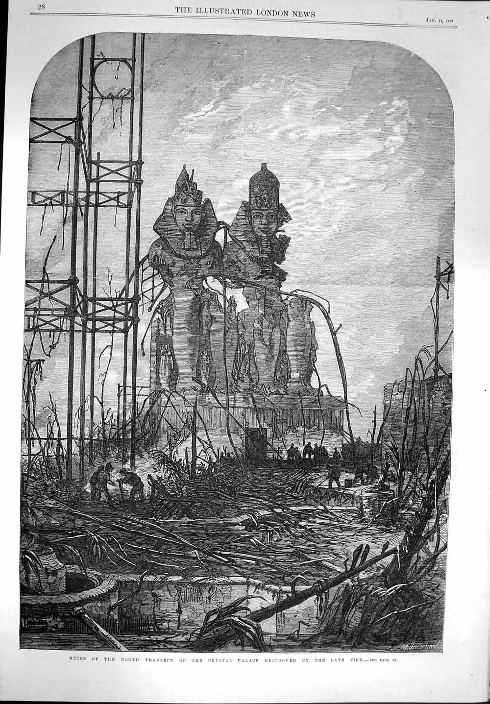 Old Antique Print 1867 Ruins North Transept Crystal Palace Fire Fine Art 19th