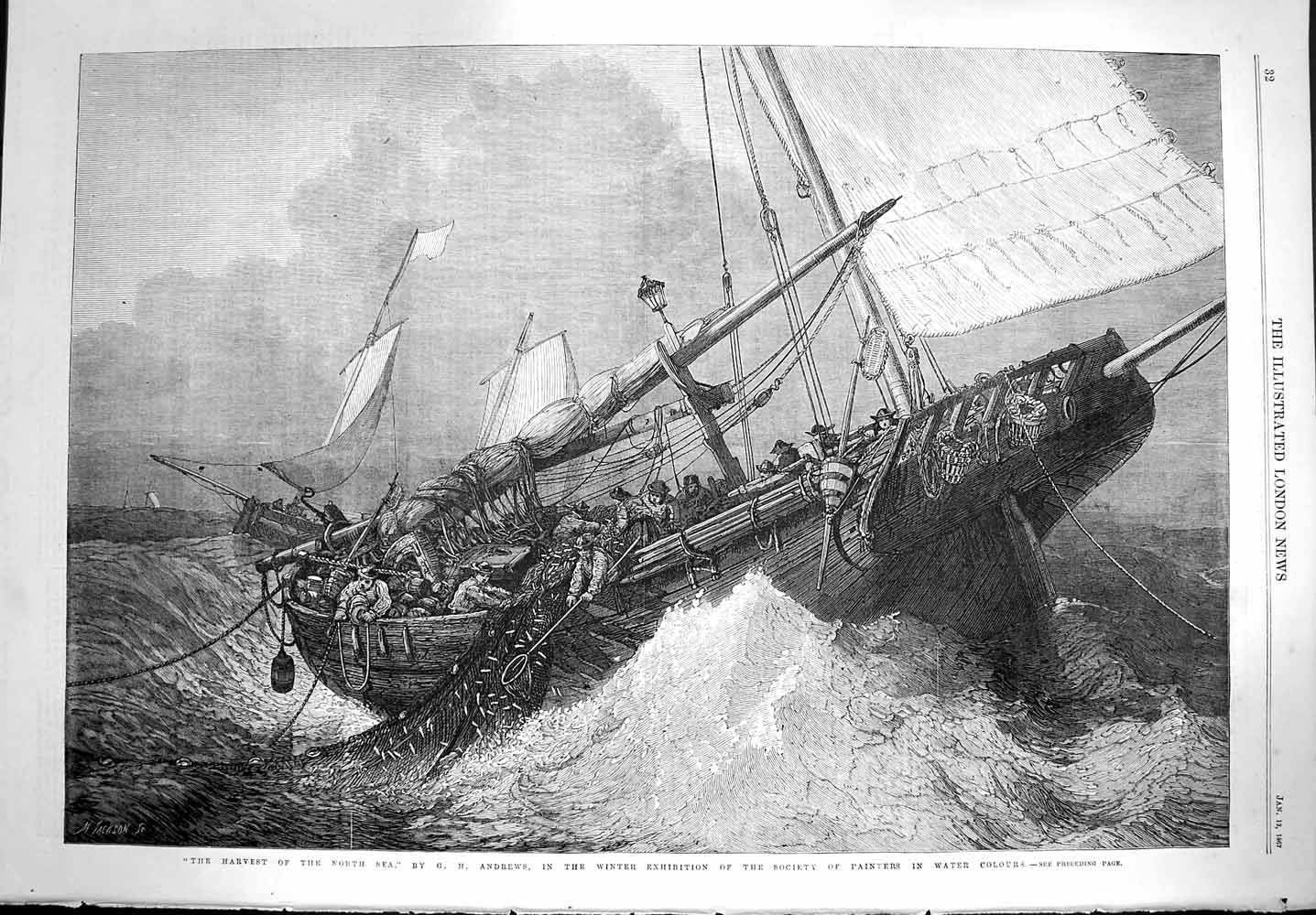 Old Antique Print 1867 Harvest North Sea Storm Ship Fishing Boat Andrews 19th