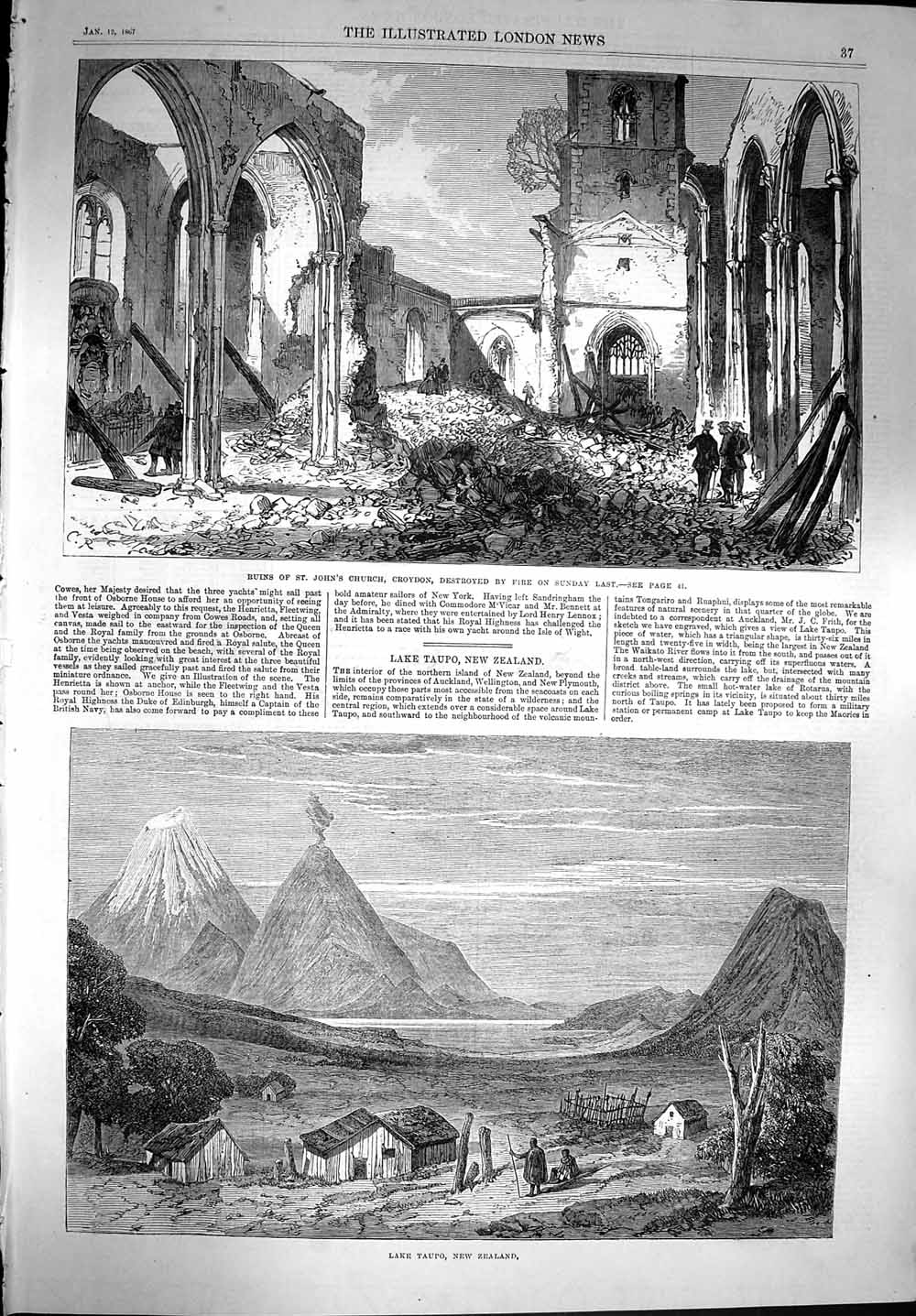Old Antique Print 1867 John'S Church Croydon Fire Lake Taupo New Zealand 19th