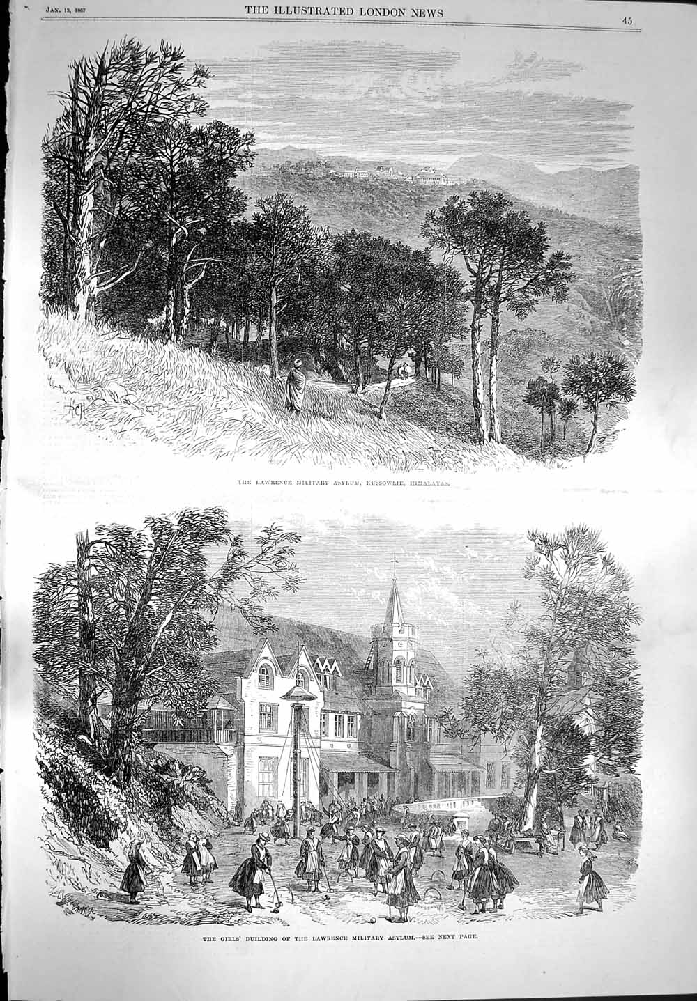 Original Old Antique Print 1867 Lawrence Military Asylum Himalayas Ku Victorian