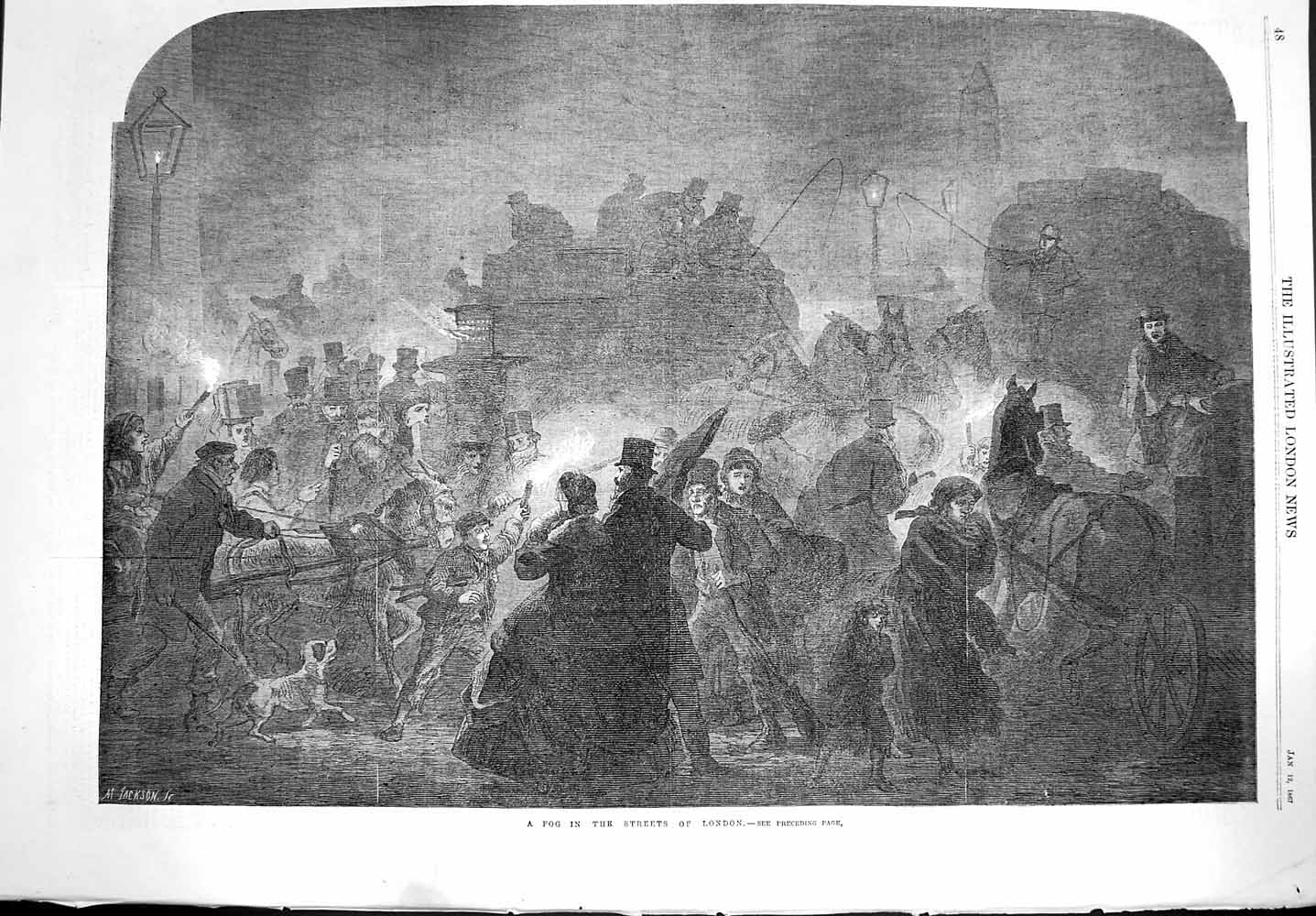 Original Old Antique Print 1867 Fog Street London Horses Carriage People Dogs
