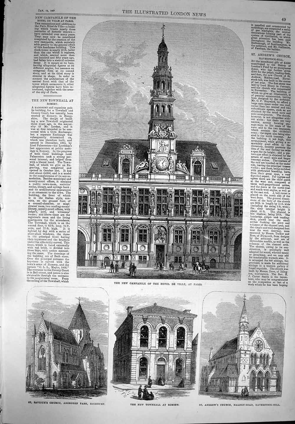 Old Antique Print 1867 Campanile Hotel Ville Paris Church Romsey Aberdeen 19th