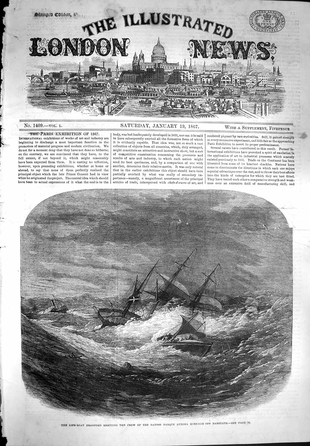 Old Antique Print 1867 Life-Boat Rescuing Danish Barque Aurora Borealis 19th