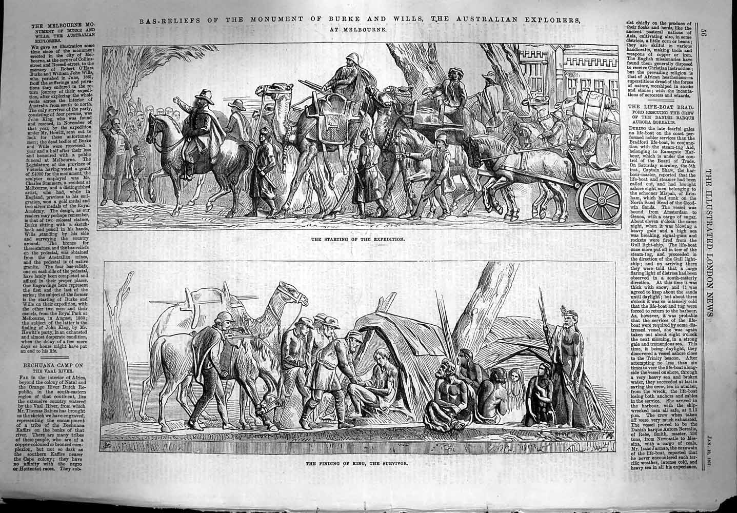 Old Antique Print *3589 1867 Bas-Reliefs Monument Burke Wills Explorers