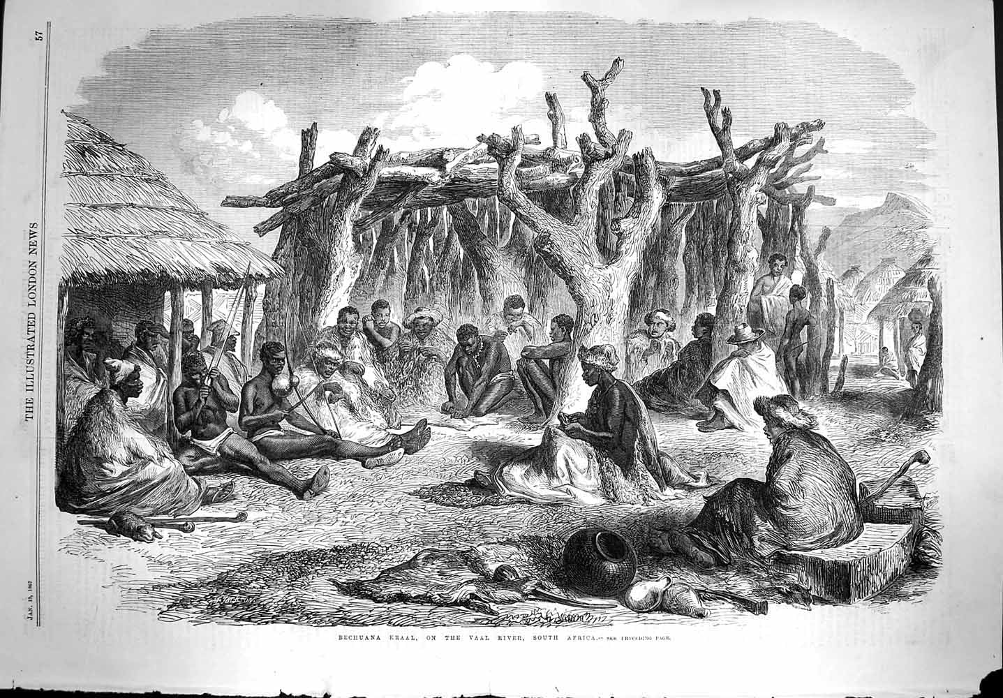 Antique Old Print *3590 1867 Bechuana Kraal Vaal River South Africa Natives