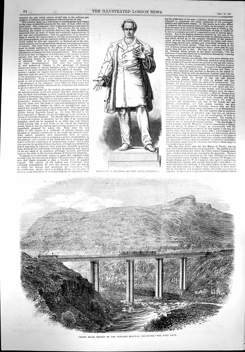 Original Old Antique Print 1867 Statue D'Epinay Mauritius Grand River Bridg 19th