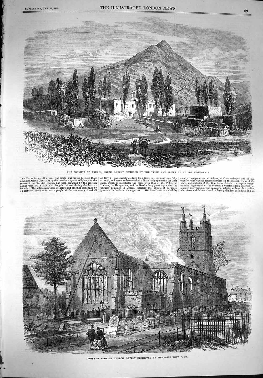 Original Old Antique Print 1867 Convent Arkadi Crete Turks Croydon Chur 19th
