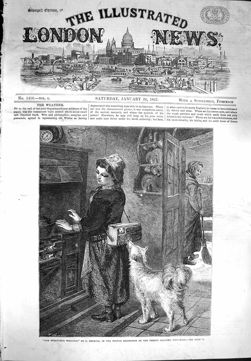 Original Old Antique Print 1867 Stranger'S Welcome Dog House Visitor Bonavia