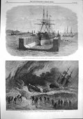 Original Old Antique Print 1867 Peruvian Iron Clad Ship Callao Lewis Life-Boat
