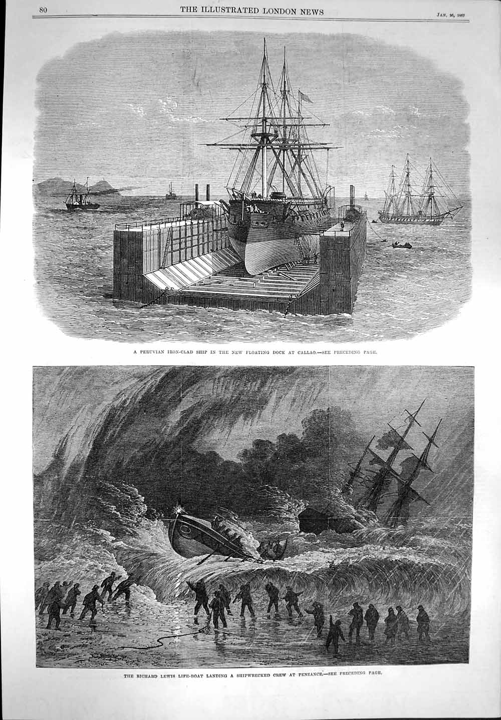 Original Old Antique Print 1867 Peruvian Iron Clad Ship Callao Lewis Life-Boat