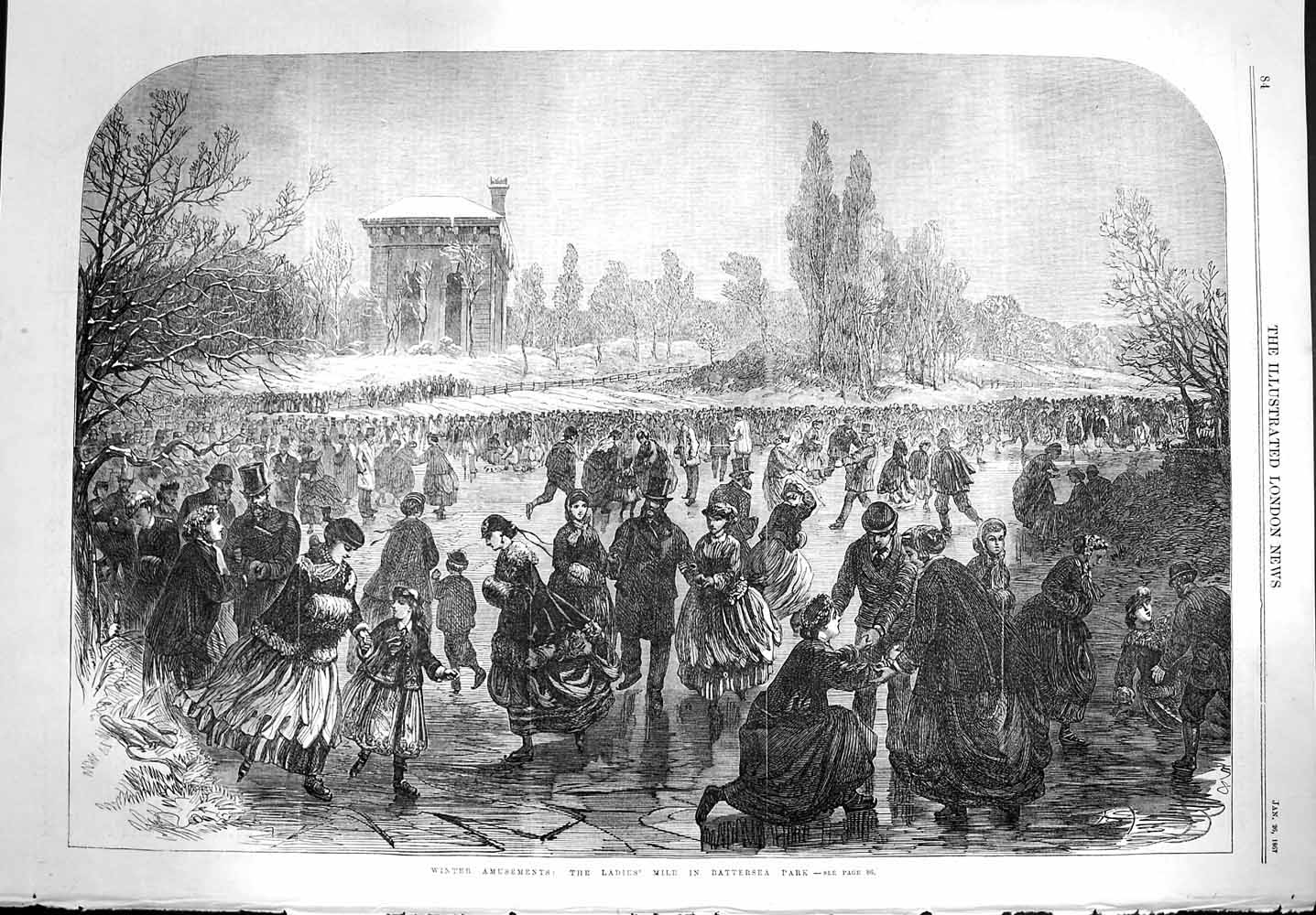 Original Old Antique Print 1867 Winter Ice Skating Ladies Mile Battersea Park